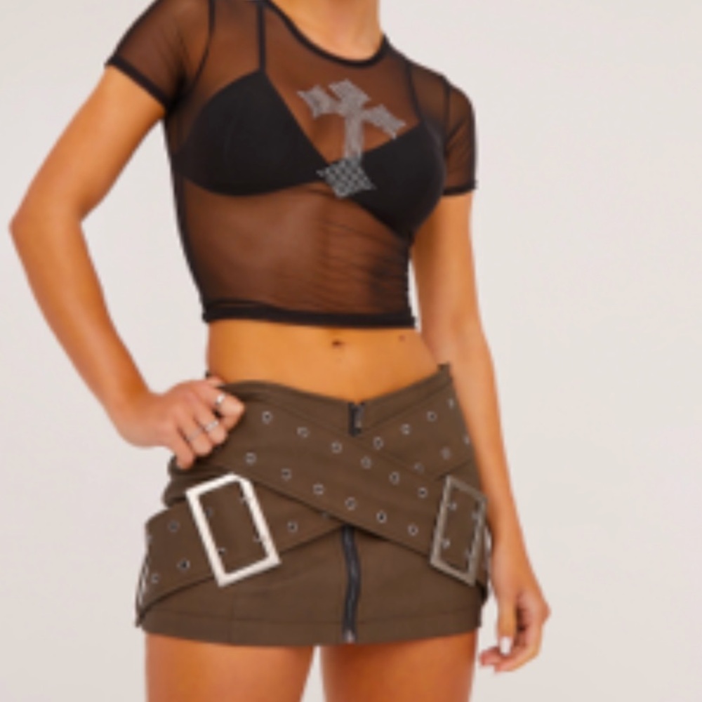 EGO - LOW RISE CROSS OVER BUCKLE DETAIL MINI BODYCON SKIRT